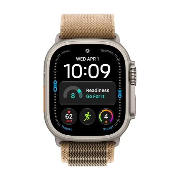 Apple Watch Ultra 4 49 мм Natural Titanium — фронтальный вид с ремешком Desert Alpine Loop
