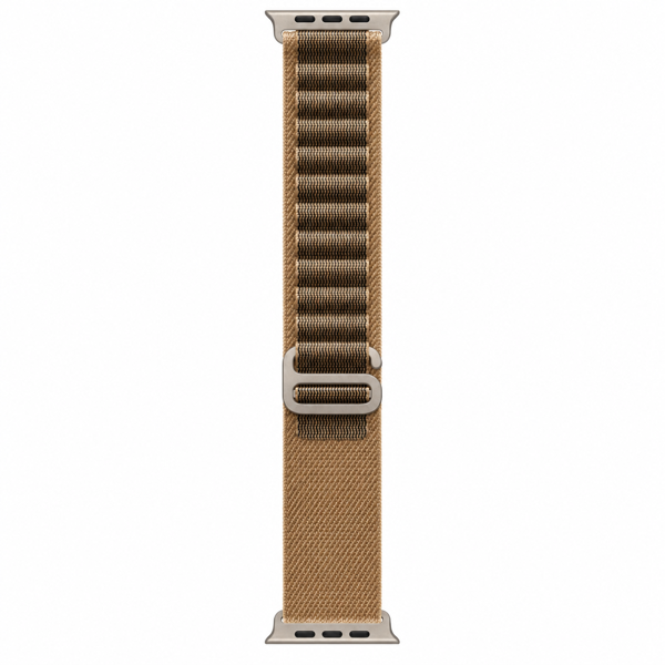 Apple Watch Ultra 4 49 мм Natural Titanium — крупный план ремешка Desert Alpine Loop