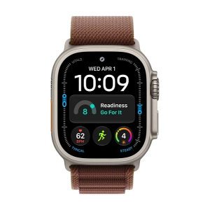 Apple Watch Ultra 4 49 мм Natural Titanium — фронтальный вид с ремешком Burgundy Alpine Loop