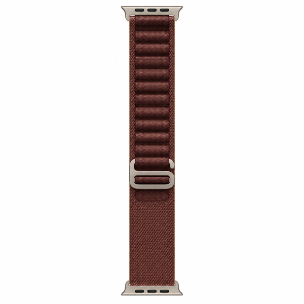 Apple Watch Ultra 4 49 мм Natural Titanium — крупный план ремешка Burgundy Alpine Loop