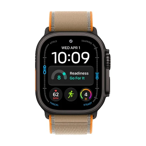 Apple Watch Ultra 4 49 мм Black Titanium — фронтальный вид с ремешком Sand Trail Loop