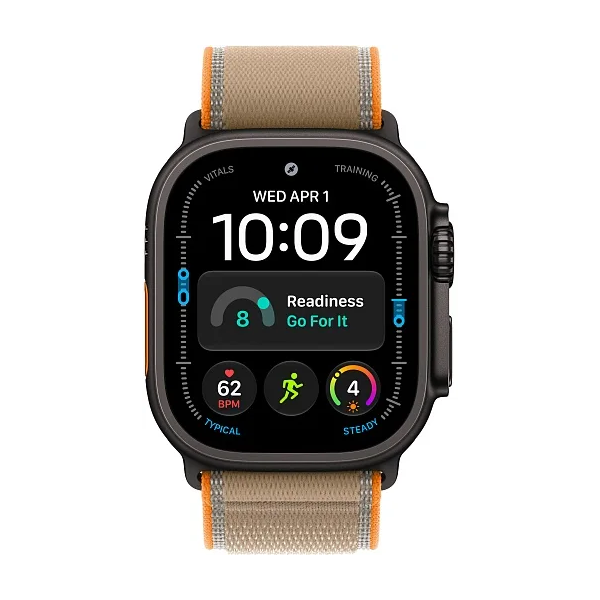 Apple Watch Ultra 4 49 мм Black Titanium — фронтальный вид с ремешком Sand Trail Loop