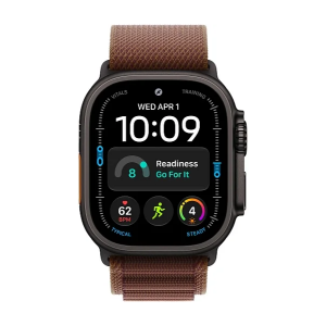 Apple Watch Ultra 4 49 мм Black Titanium — фронтальный вид с ремешком Burgundy Alpine Loop
