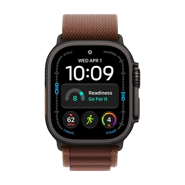Apple Watch Ultra 4 49 мм Black Titanium — фронтальный вид с ремешком Burgundy Alpine Loop