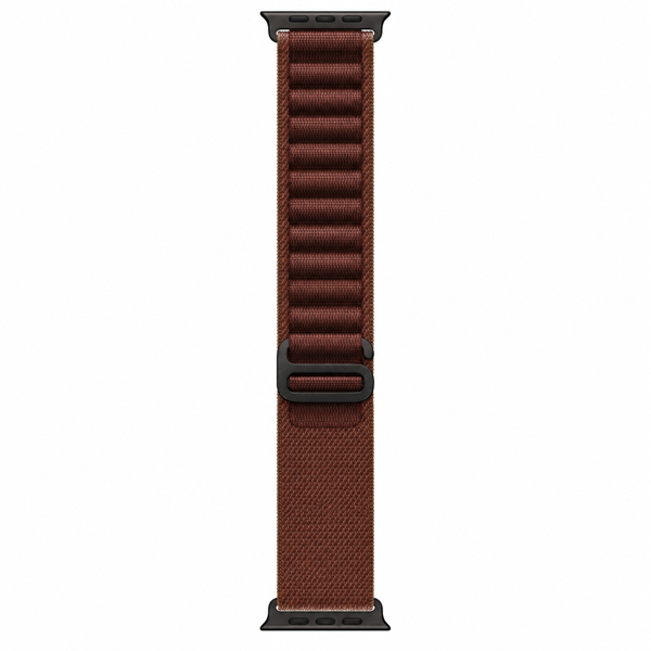 Apple Watch Ultra 4 49 мм Black Titanium — крупный план ремешка Burgundy Alpine Loop