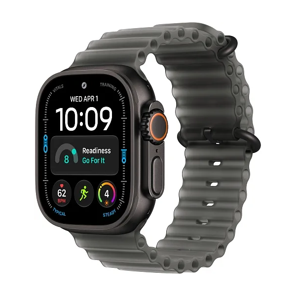 Apple Watch Ultra 4 49 мм Black Titanium — часы целиком под углом с ремешком Translucent Black Ocean Band