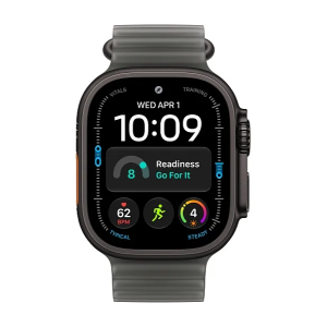 Apple Watch Ultra 4 49 мм Black Titanium — фронтальный вид с ремешком Translucent Black Ocean Band