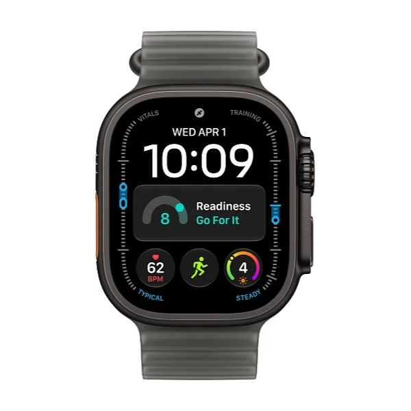 Apple Watch Ultra 4 49 мм Black Titanium — фронтальный вид с ремешком Translucent Black Ocean Band